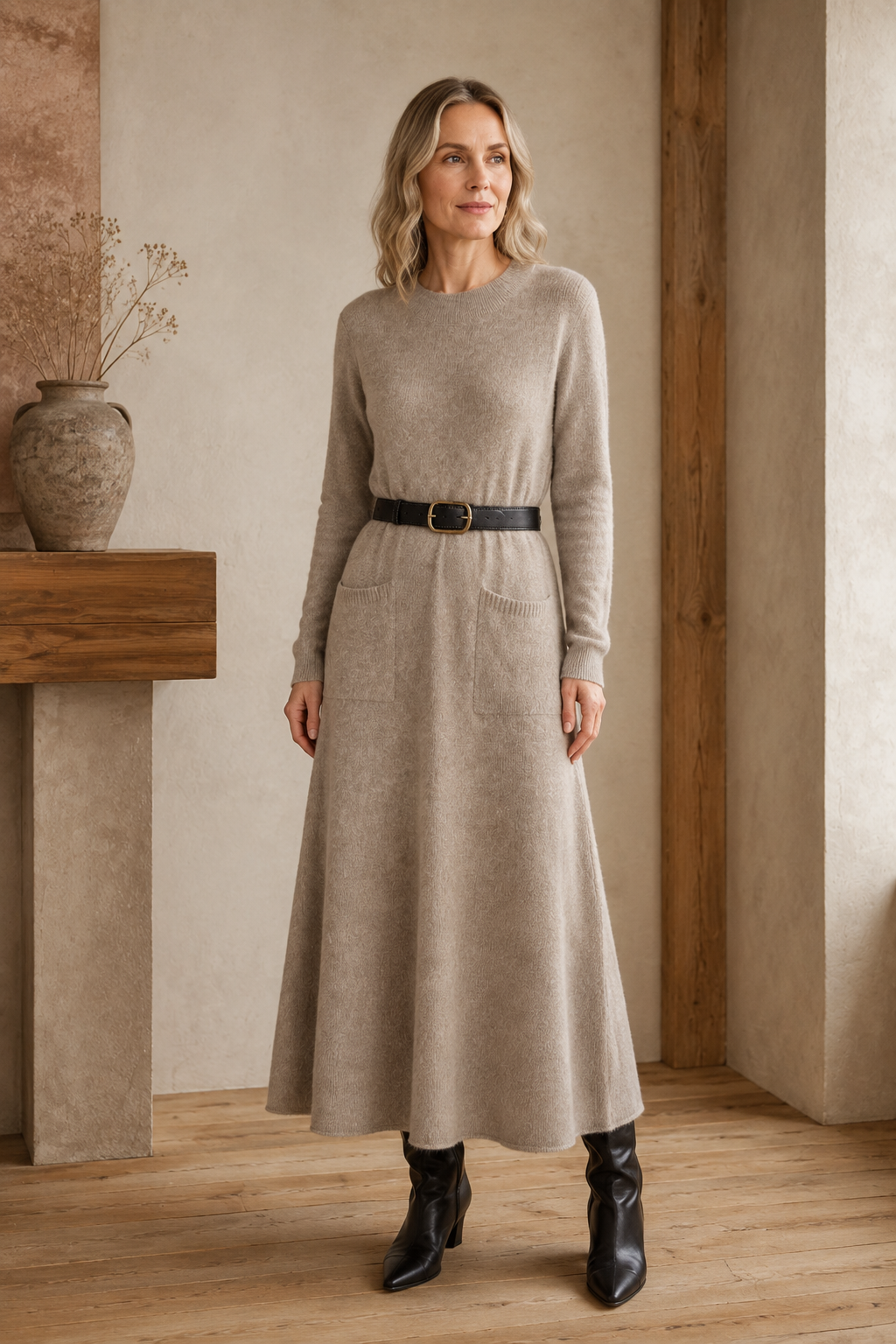 Wool Half Turtleneck Midi Dress