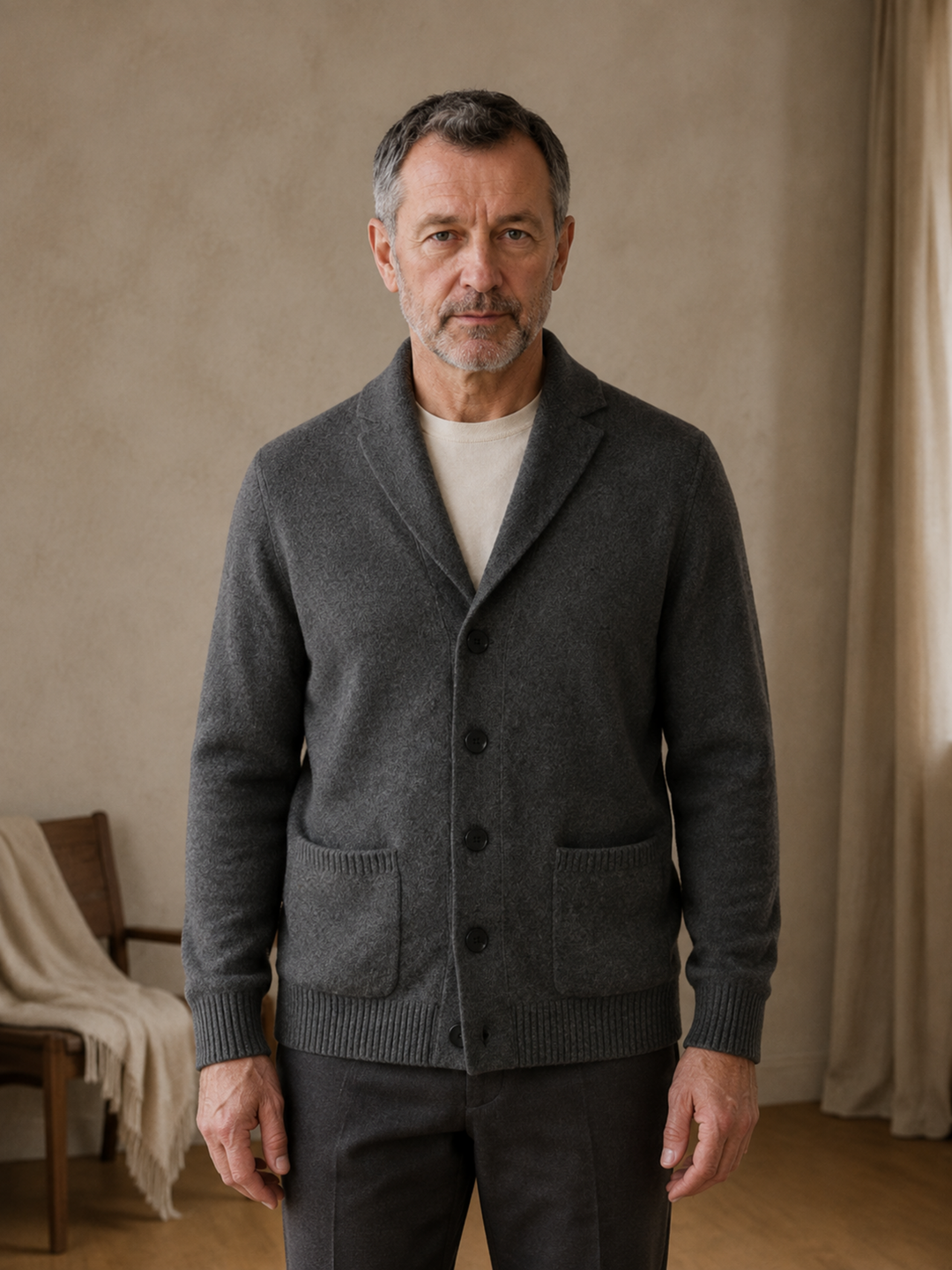 Cashmere Shawl Collar Button Cardigan - Dark Gray - front hero