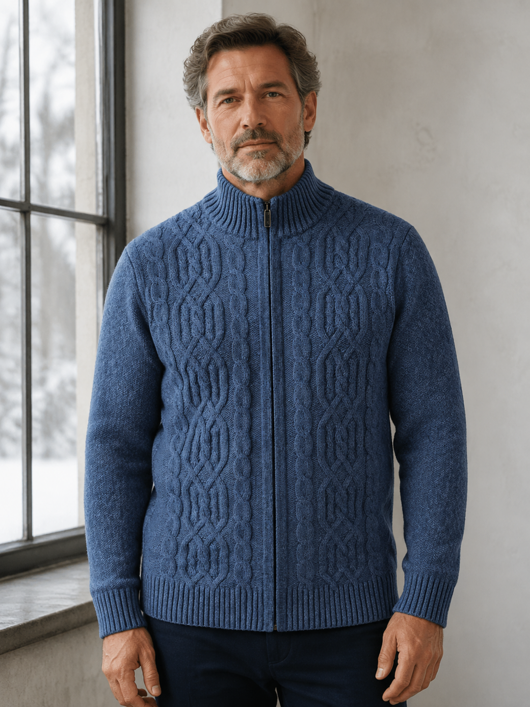 Wool Cashmere Fleece Lined Cardigan - Denim Blue hero