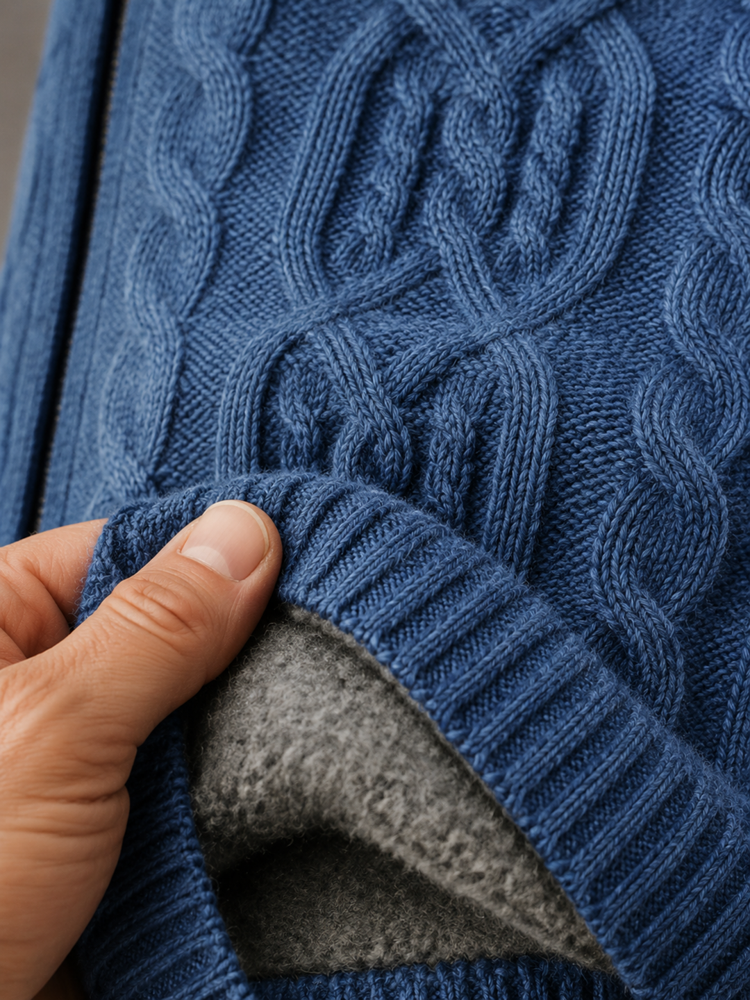 Wool Cashmere Fleece Lined Cardigan - Denim Blue material detail