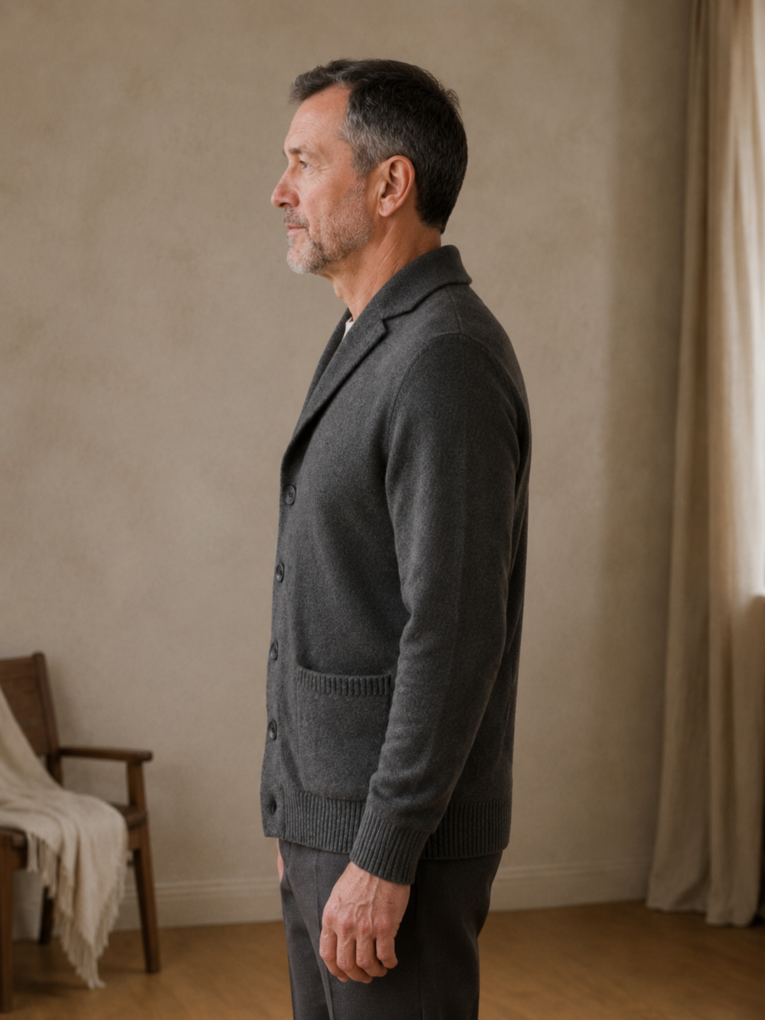 Cashmere Shawl Collar Button Cardigan - Dark Gray - side view