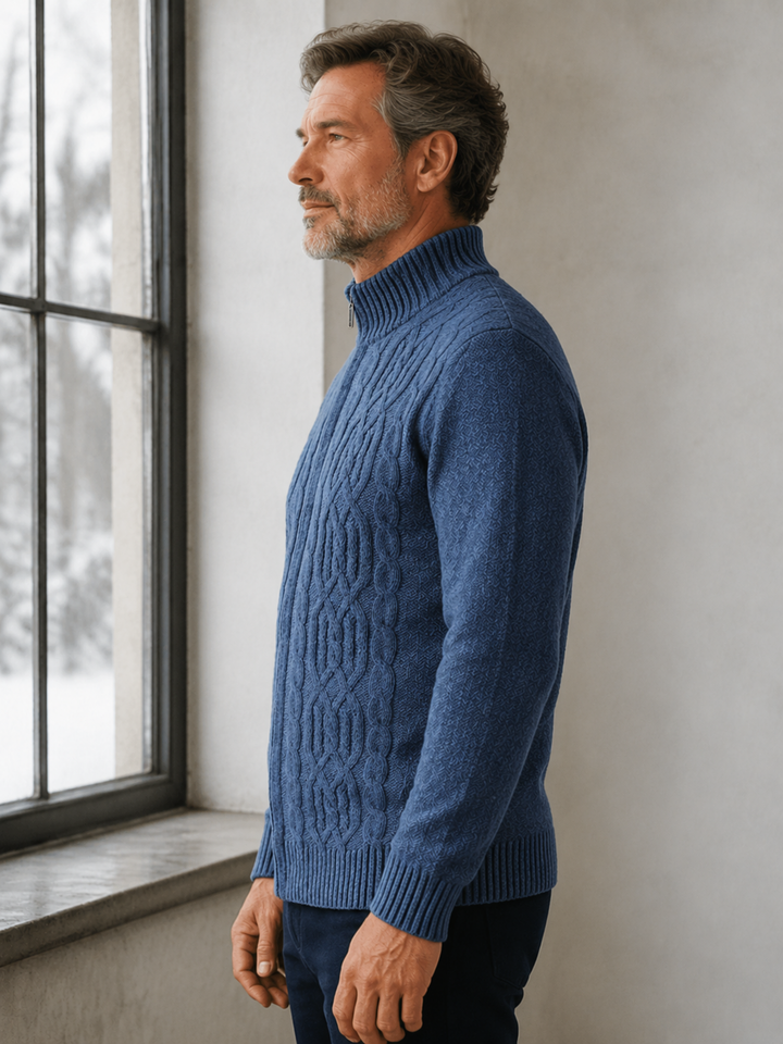 Wool Cashmere Fleece Lined Cardigan - Denim Blue side view