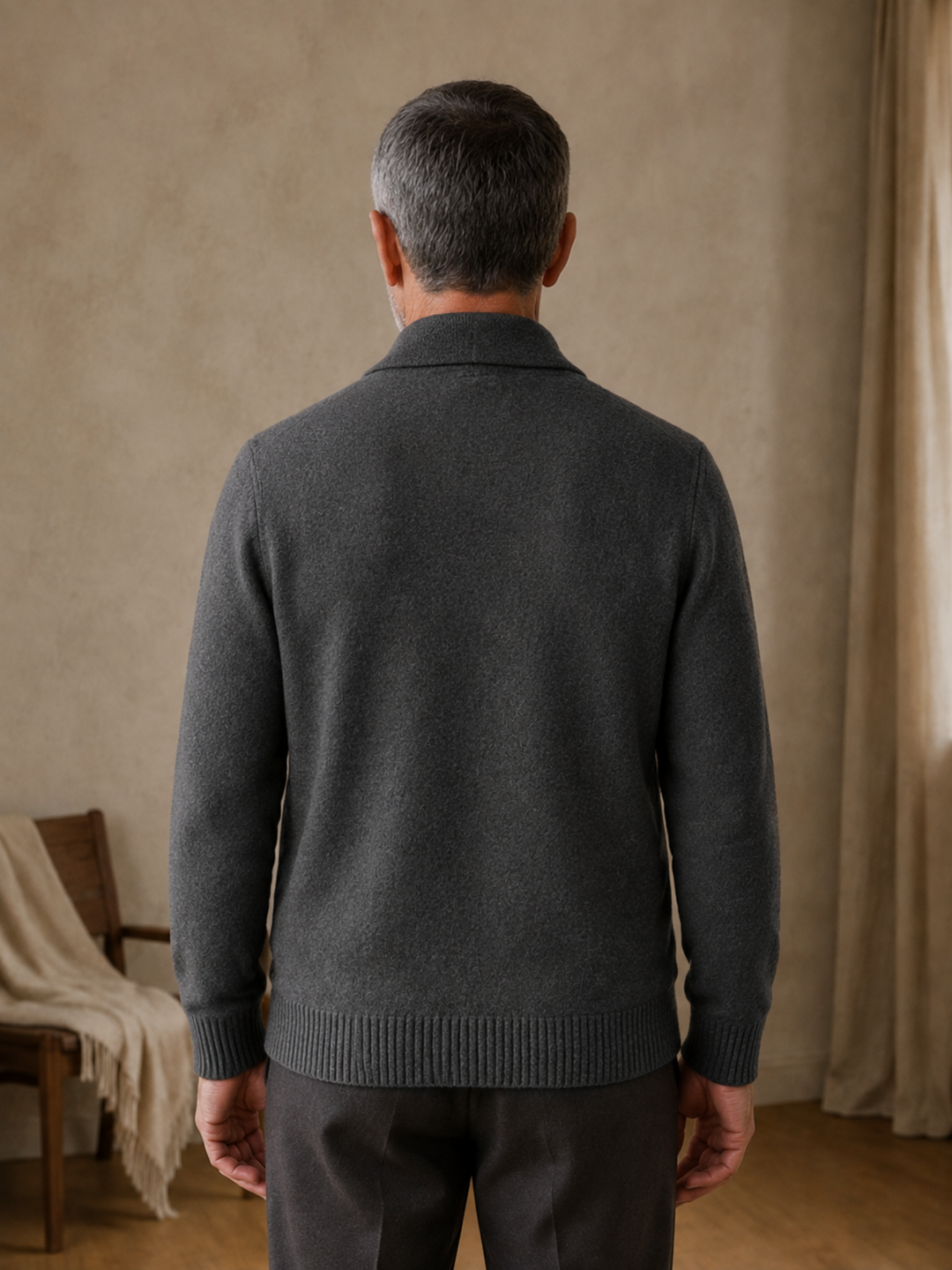 Cashmere Shawl Collar Button Cardigan - Dark Gray - back view