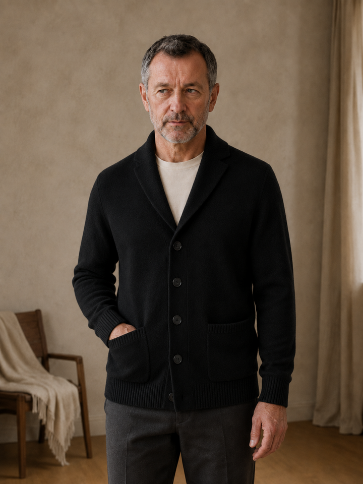 Cashmere Shawl Collar Button Cardigan - Black - front hero