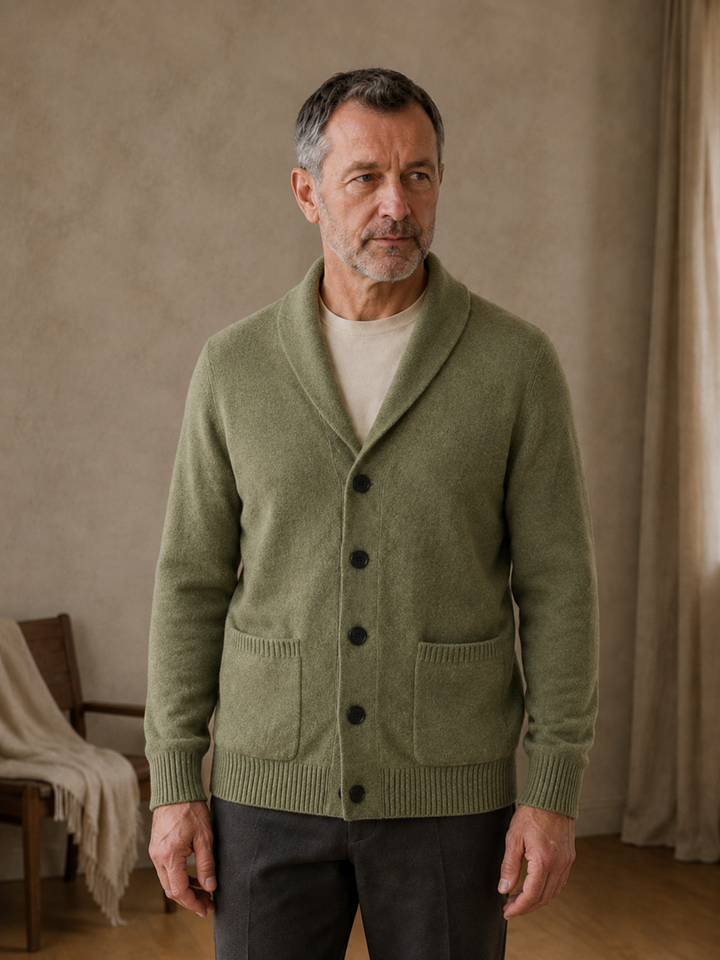 Cashmere Shawl Collar Button Cardigan - Olive Green - front hero