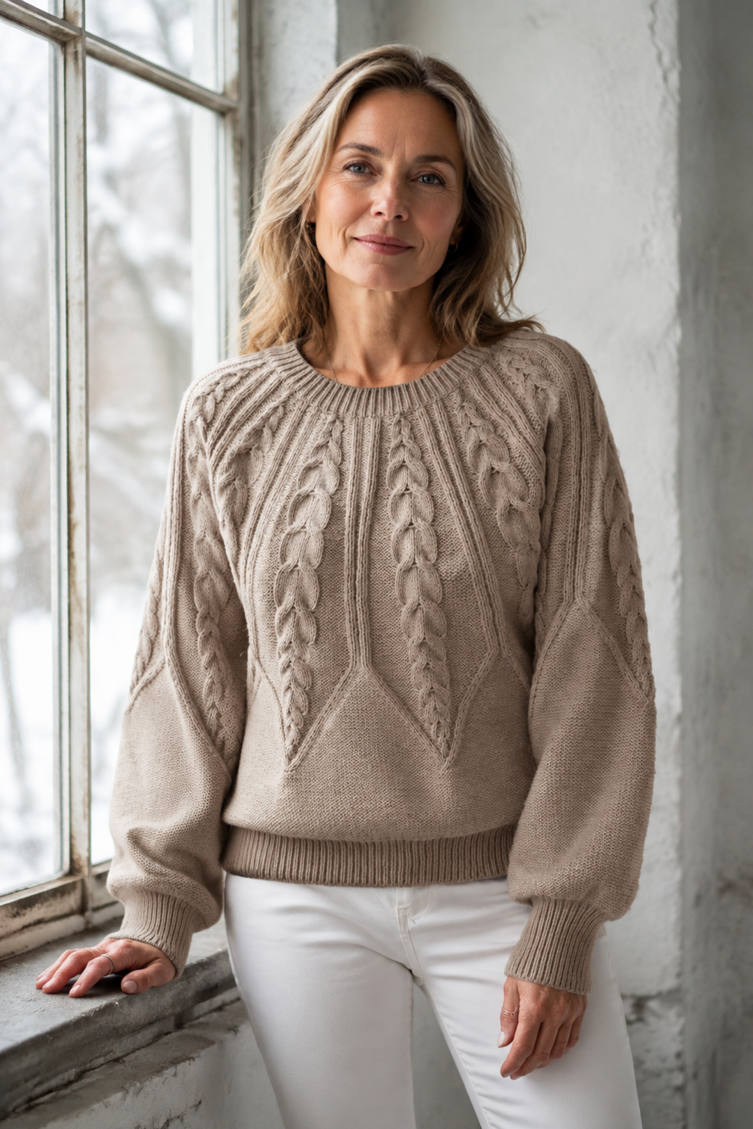Janet | Chunky Lantern Sleeve Crewneck Sweater editorial product photograph