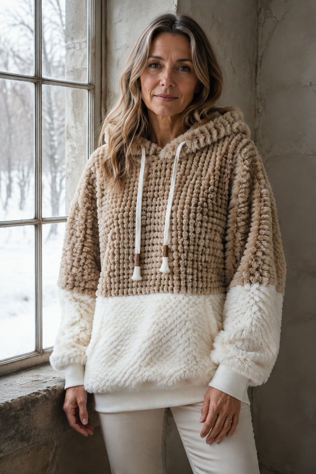 Herfst/winter nieuwe modieuze casual zachte pluche effen kleur patchwork crewneck hoodie met capuchon en koord, lange mouwen, patchzak, warm sweatshirt voor dames editorial product photograph