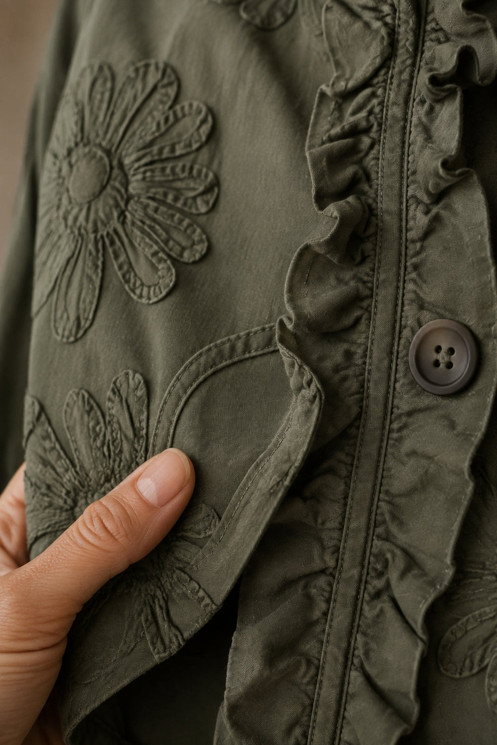 Kamberly | Boho-Chic Floral Embroidered Utility Ruffled Trim Jacket fabric detail close-up