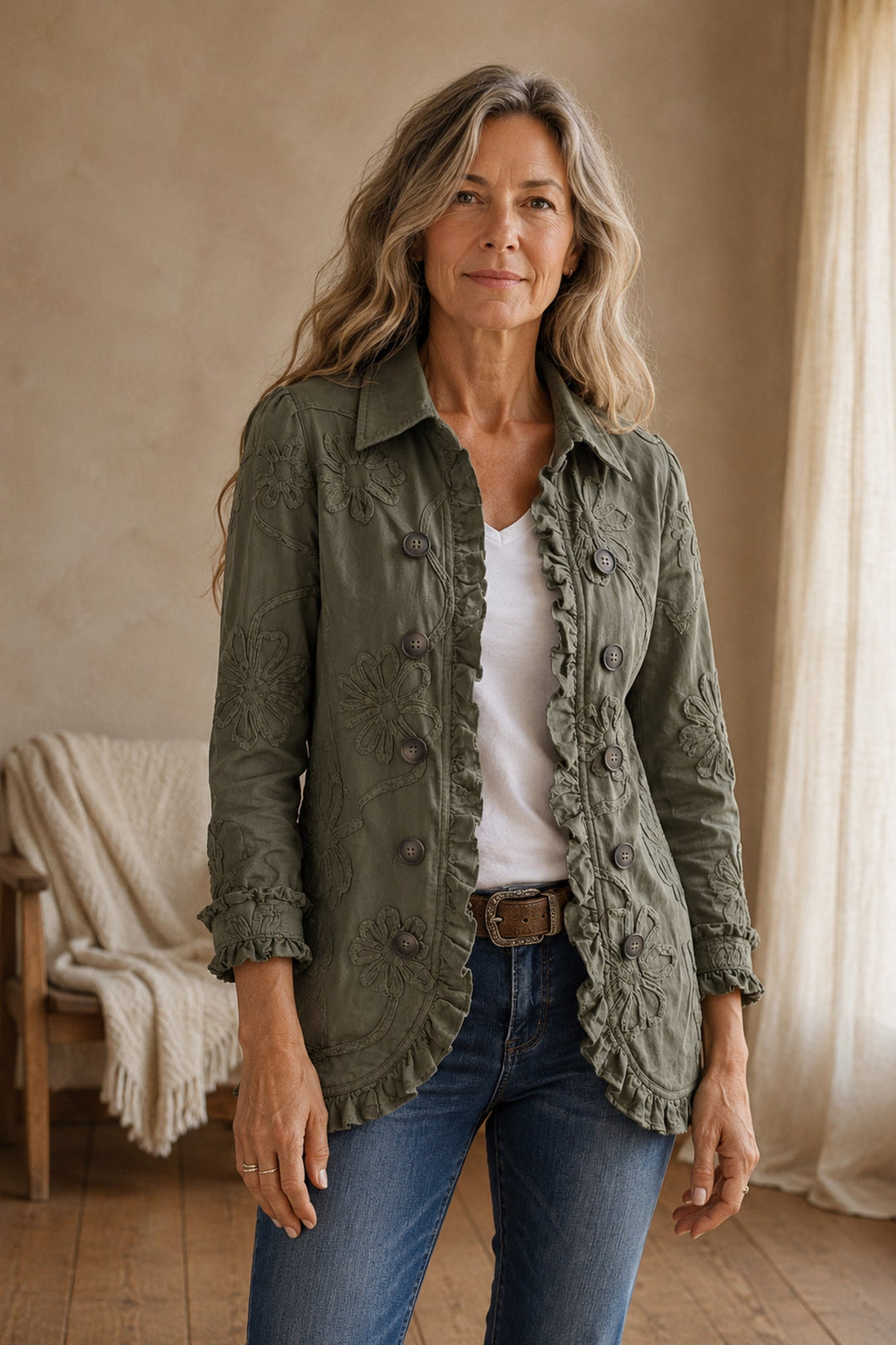 Kamberly | Boho-Chic Floral Embroidered Utility Ruffled Trim Jacket editorial product photograph
