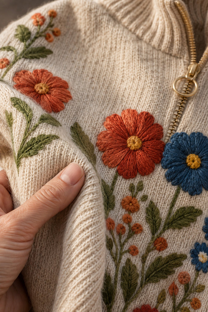 Wrenna™ | Cardigan Zippé Prairie Fleurie fabric detail close-up