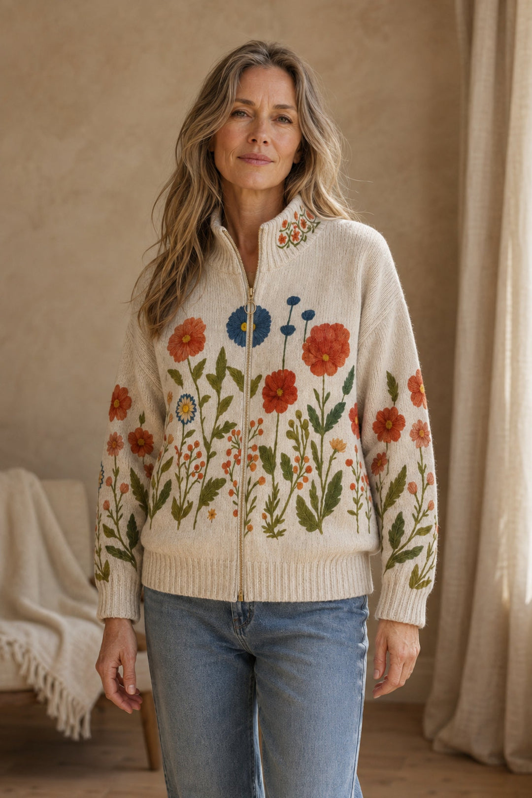 Wrenna™ | Cardigan Zippé Prairie Fleurie editorial product photograph