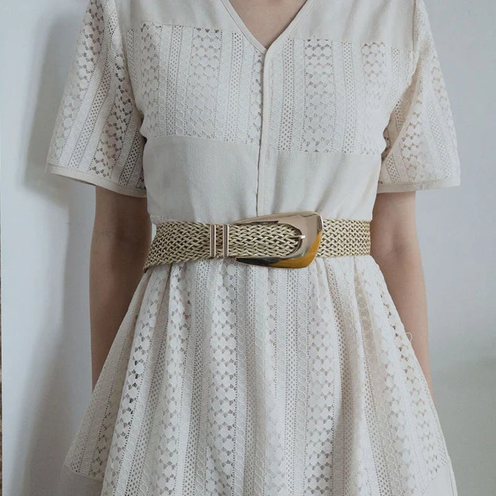 Woven Stretch Belt, Hooked Gold Buckle