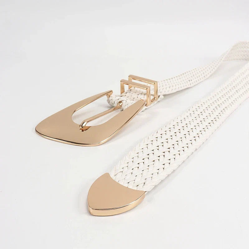 Woven Stretch Belt, Hooked Gold Buckle