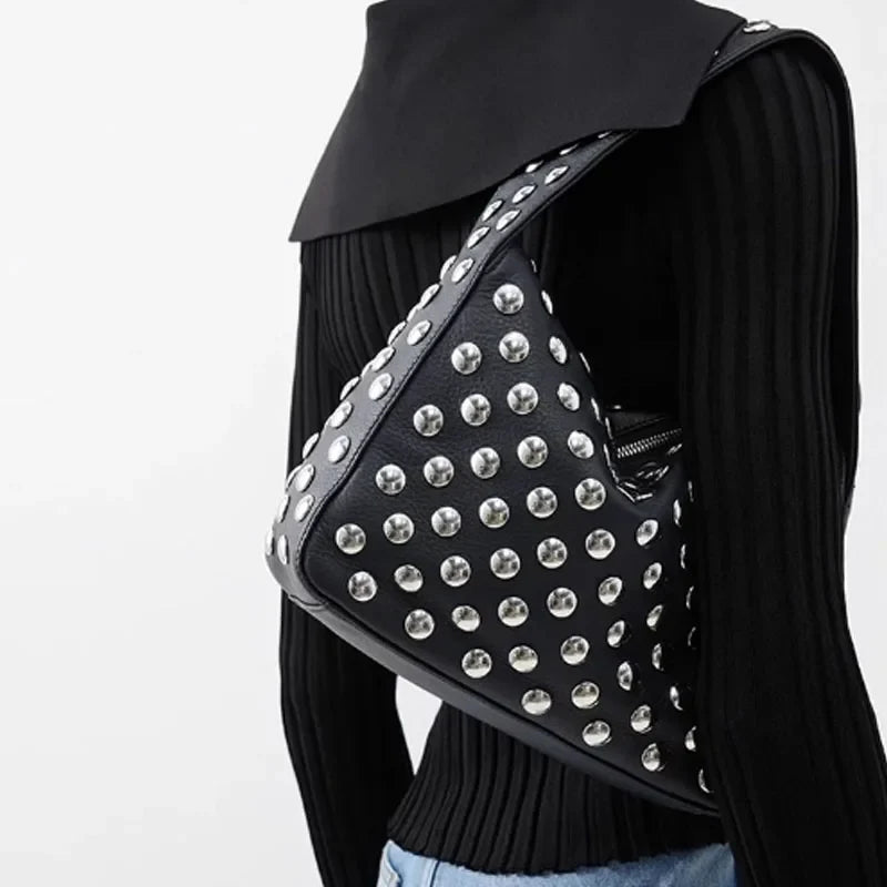 Studded Structured Shoulder Bag, 20 cm
