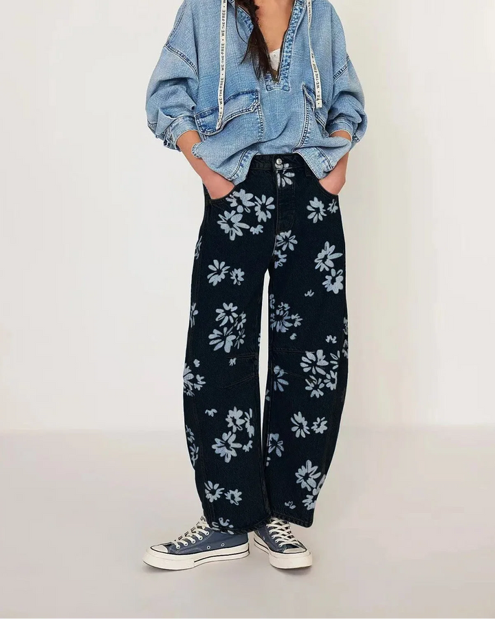Celine | Printed Cotton Denim Wide Leg Jeans