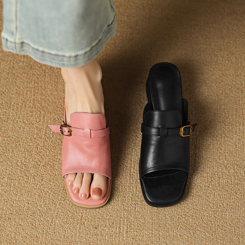 Gerardine | Leather Buckle Mid Heel Slides