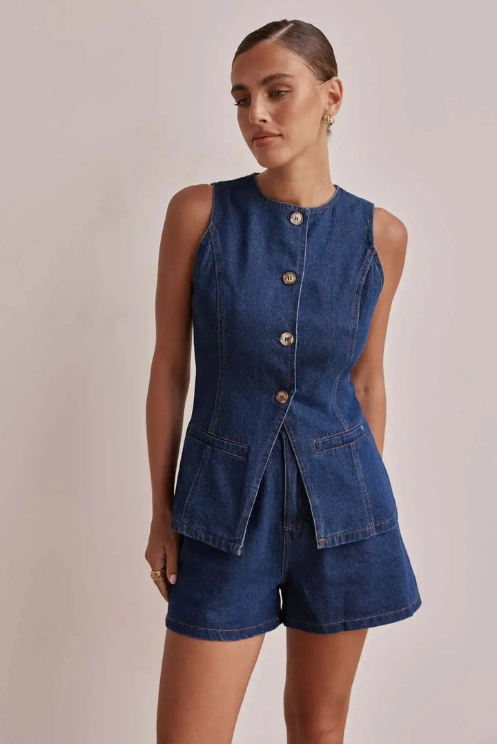 Desiree | 100% Cotton Denim Vest Set