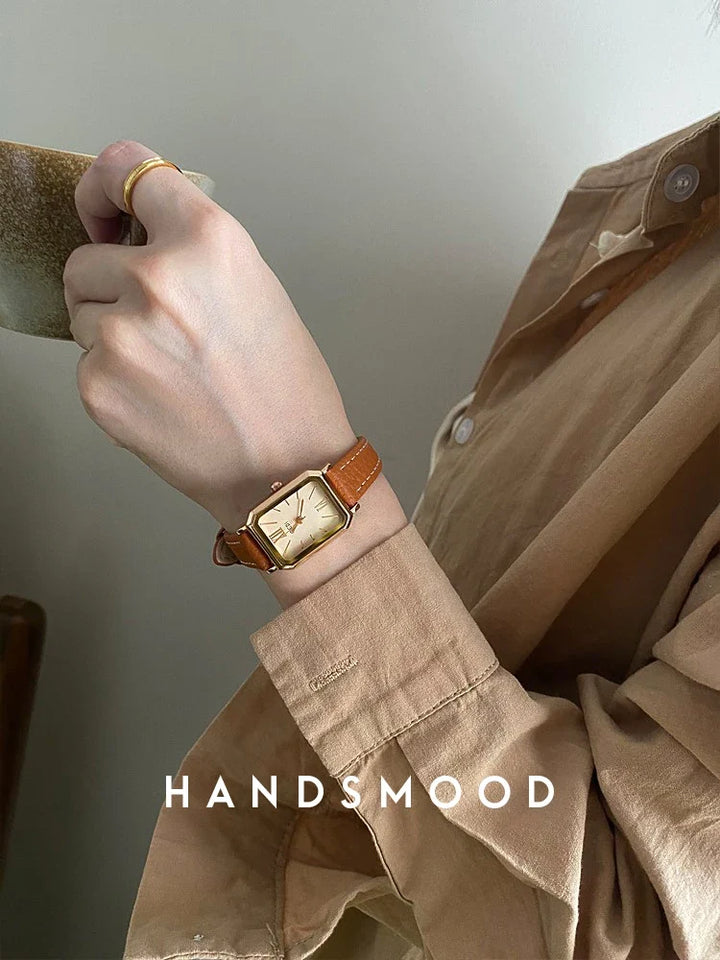 Rectangular Steel Watch, Leather Strap