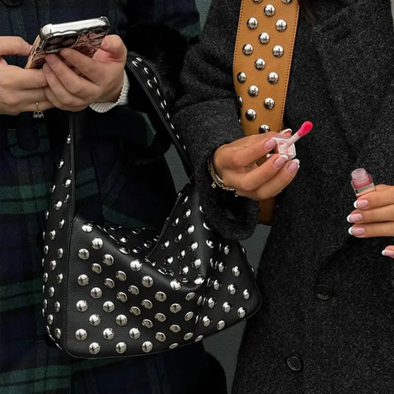 Studded Structured Shoulder Bag, 20 cm