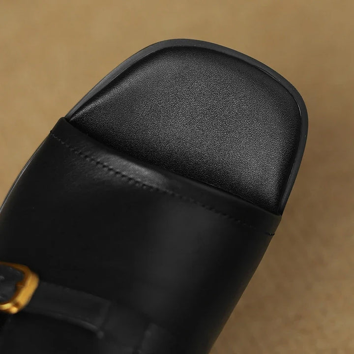 Gerardine | Leather Buckle Mid Heel Slides