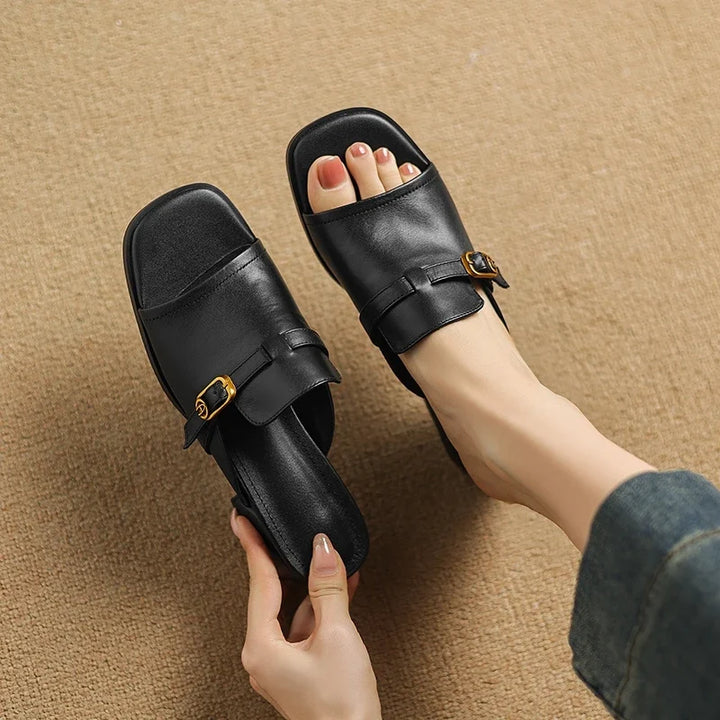 Gerardine | Leather Buckle Mid Heel Slides