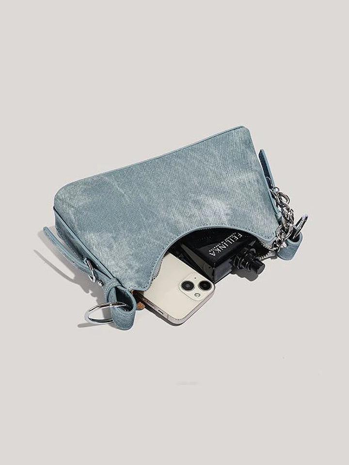 Textured Denim Bag, Heavy Chain Strap