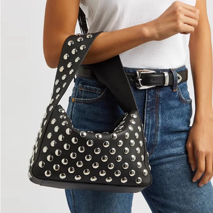 Studded Structured Shoulder Bag, 20 cm