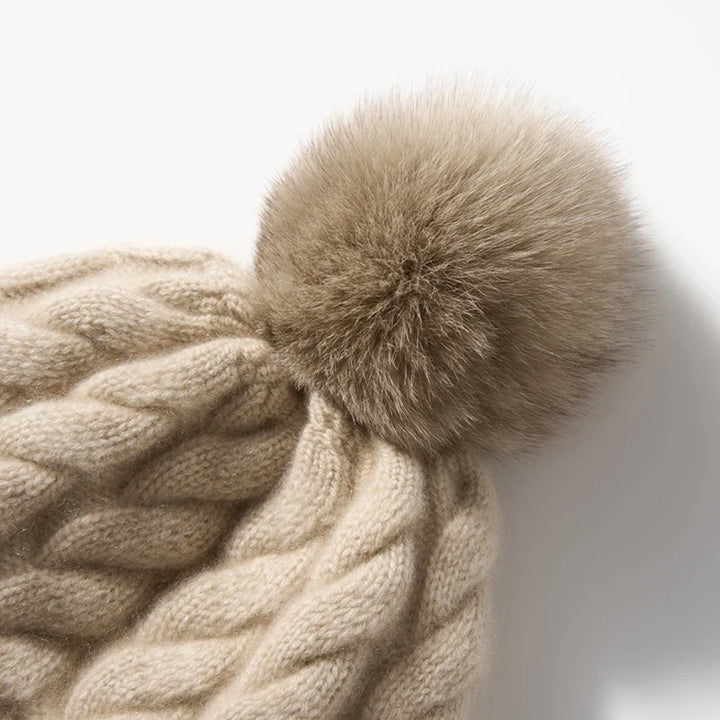 Hand-Knit Cashmere Beanie, Fur Pom