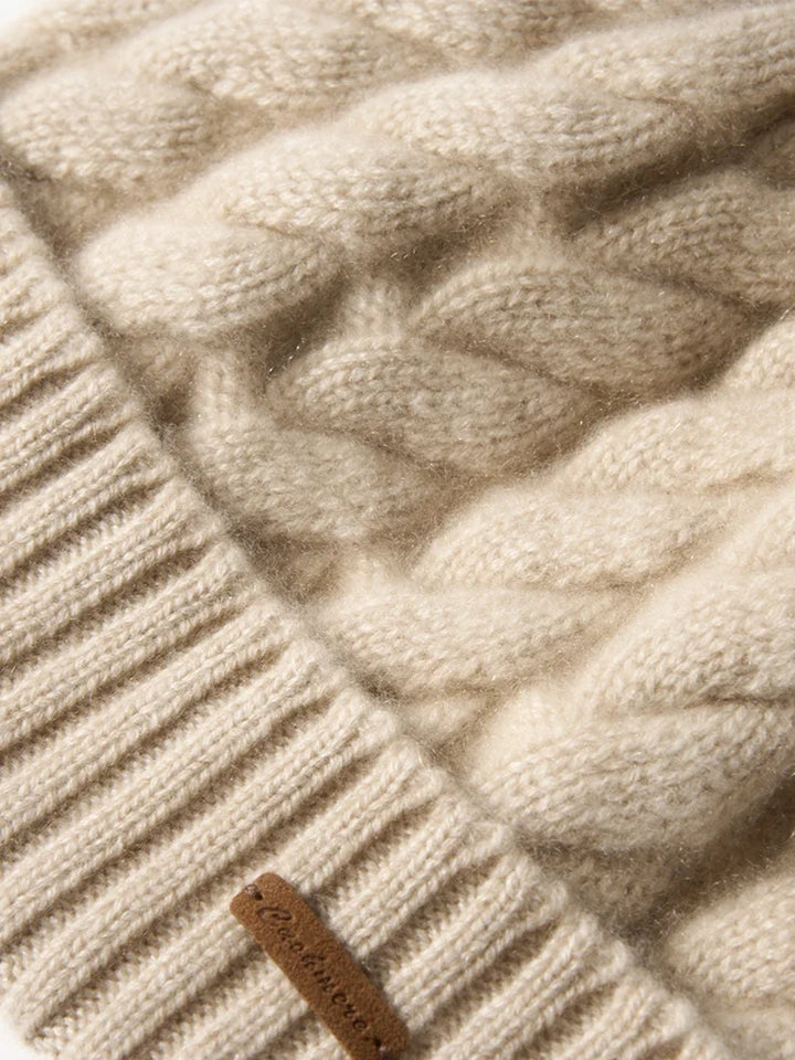 Hand-Knit Cashmere Beanie, Fur Pom