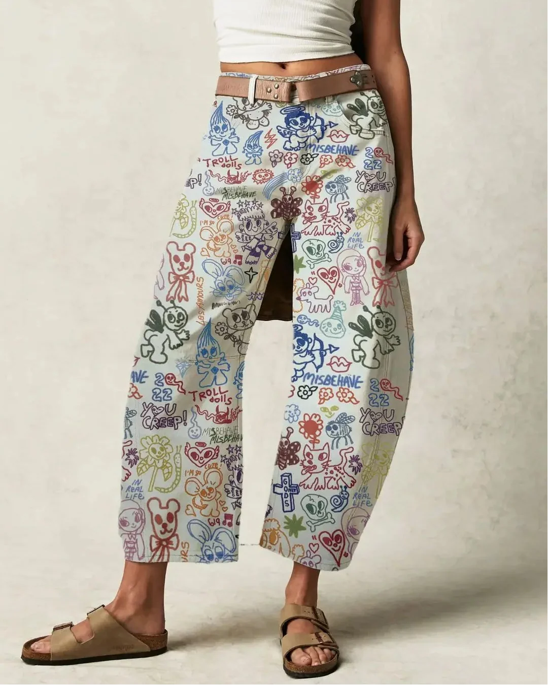 Celine | Printed Cotton Denim Wide Leg Jeans