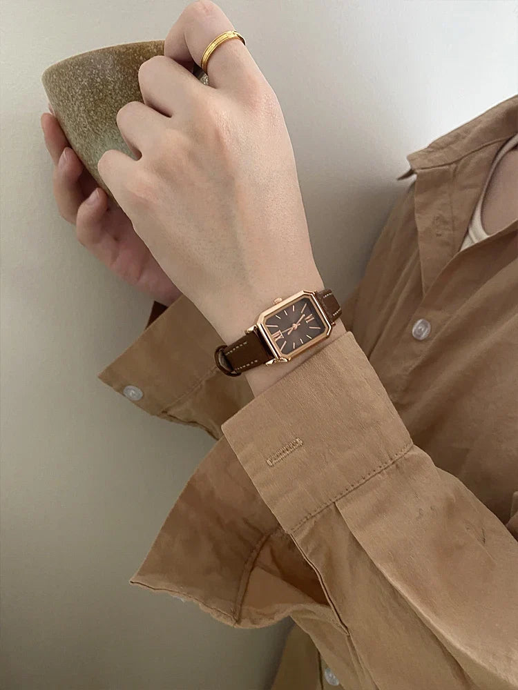 Rectangular Steel Watch, Leather Strap