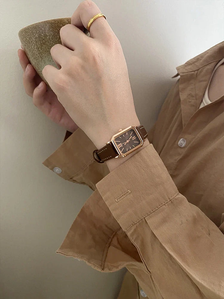 Rectangular Steel Watch, Leather Strap