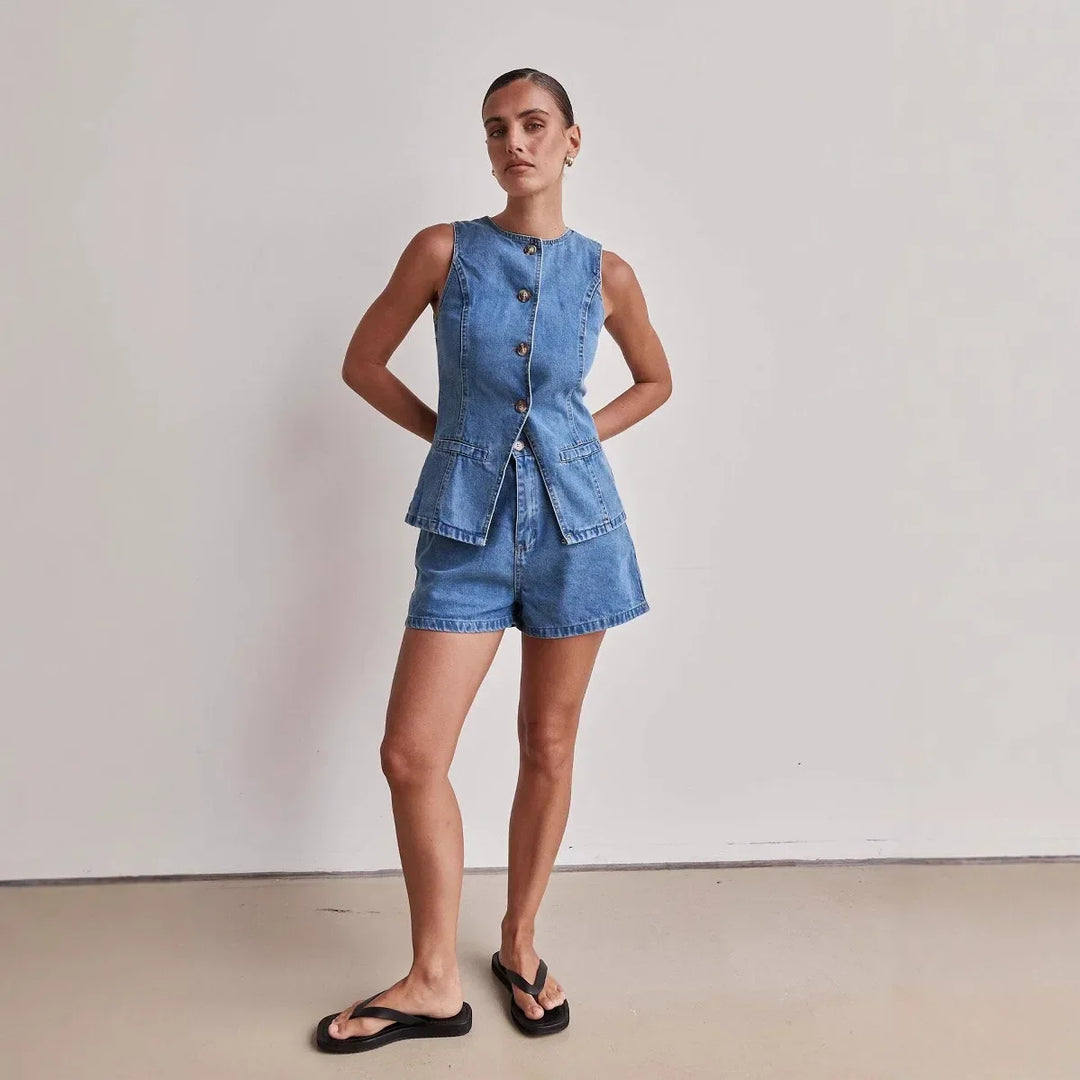 Desiree | 100% Cotton Denim Vest Set