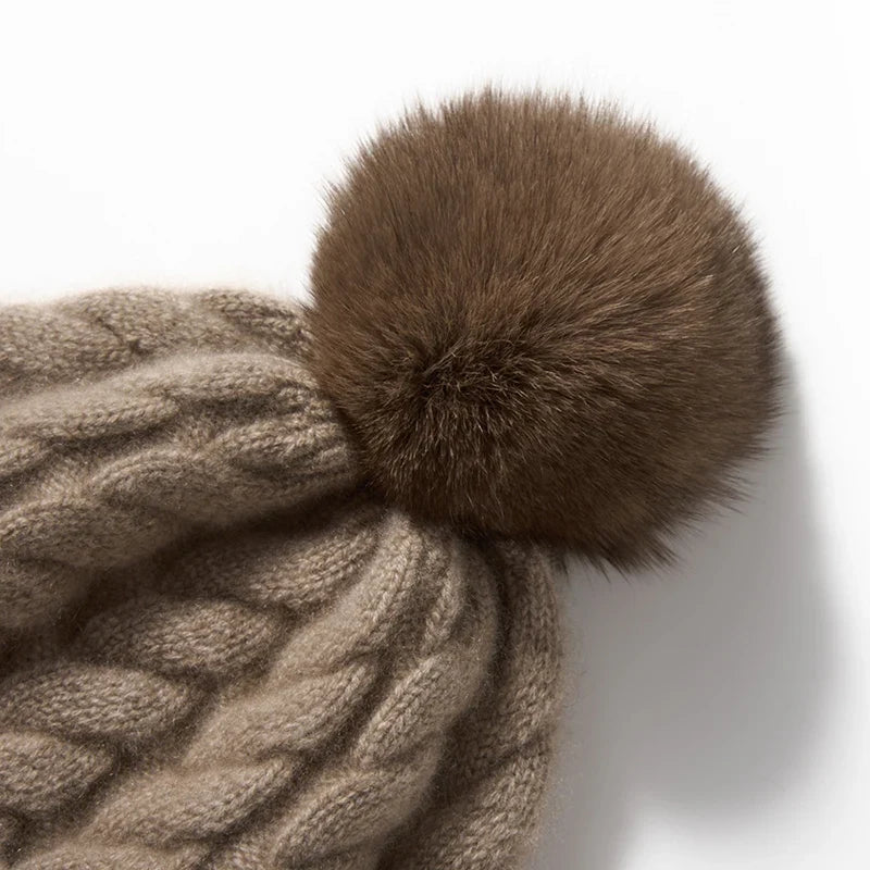 Hand-Knit Cashmere Beanie, Fur Pom