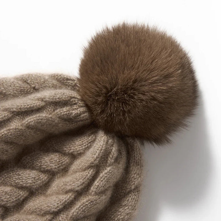Hand-Knit Cashmere Beanie, Fur Pom