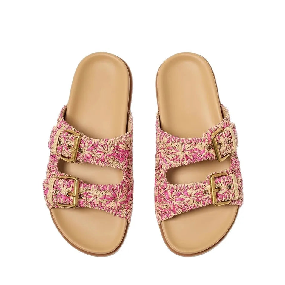 Sally | Woven Raffia Double Buckle Slides