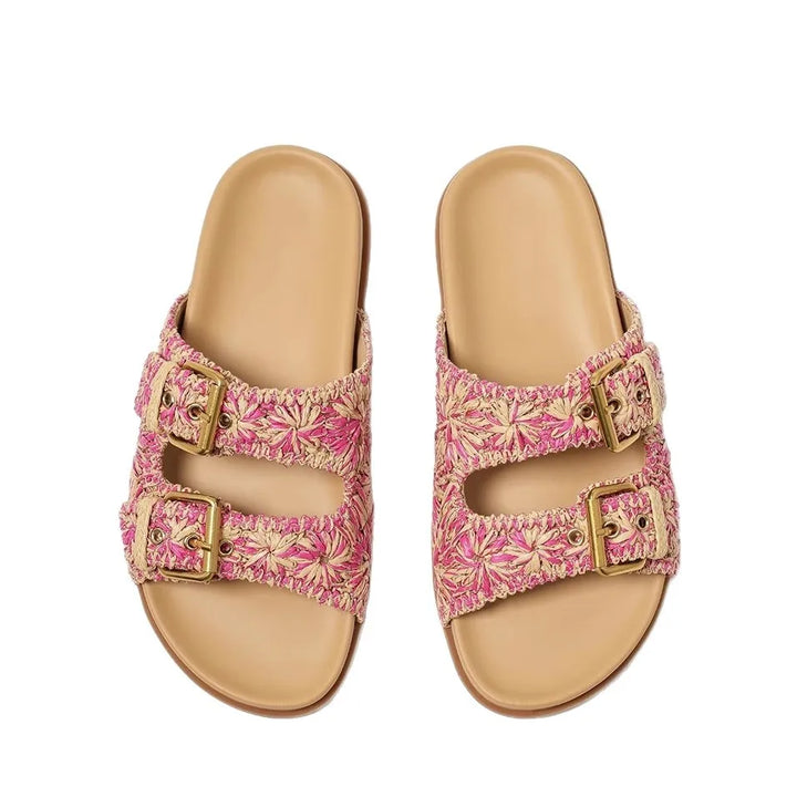 Sally | Woven Raffia Double Buckle Slides