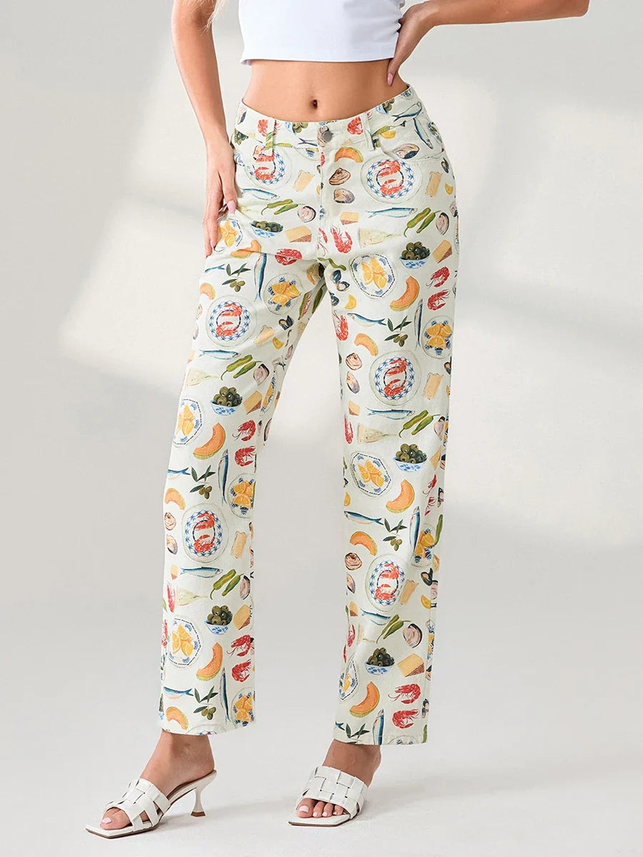 Marcelina | Printed Denim Straight Leg Jeans