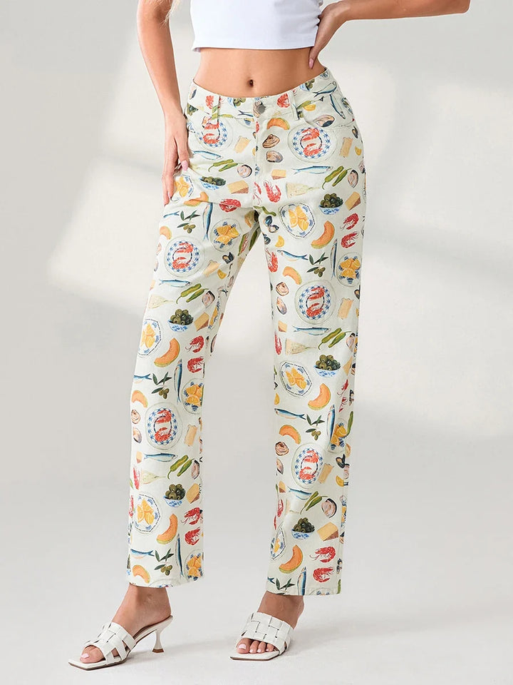 Marcelina | Printed Denim Straight Leg Jeans