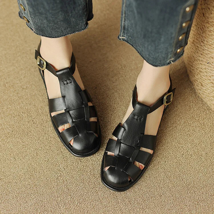 Arminda | Woven Leather T-Strap Sandals