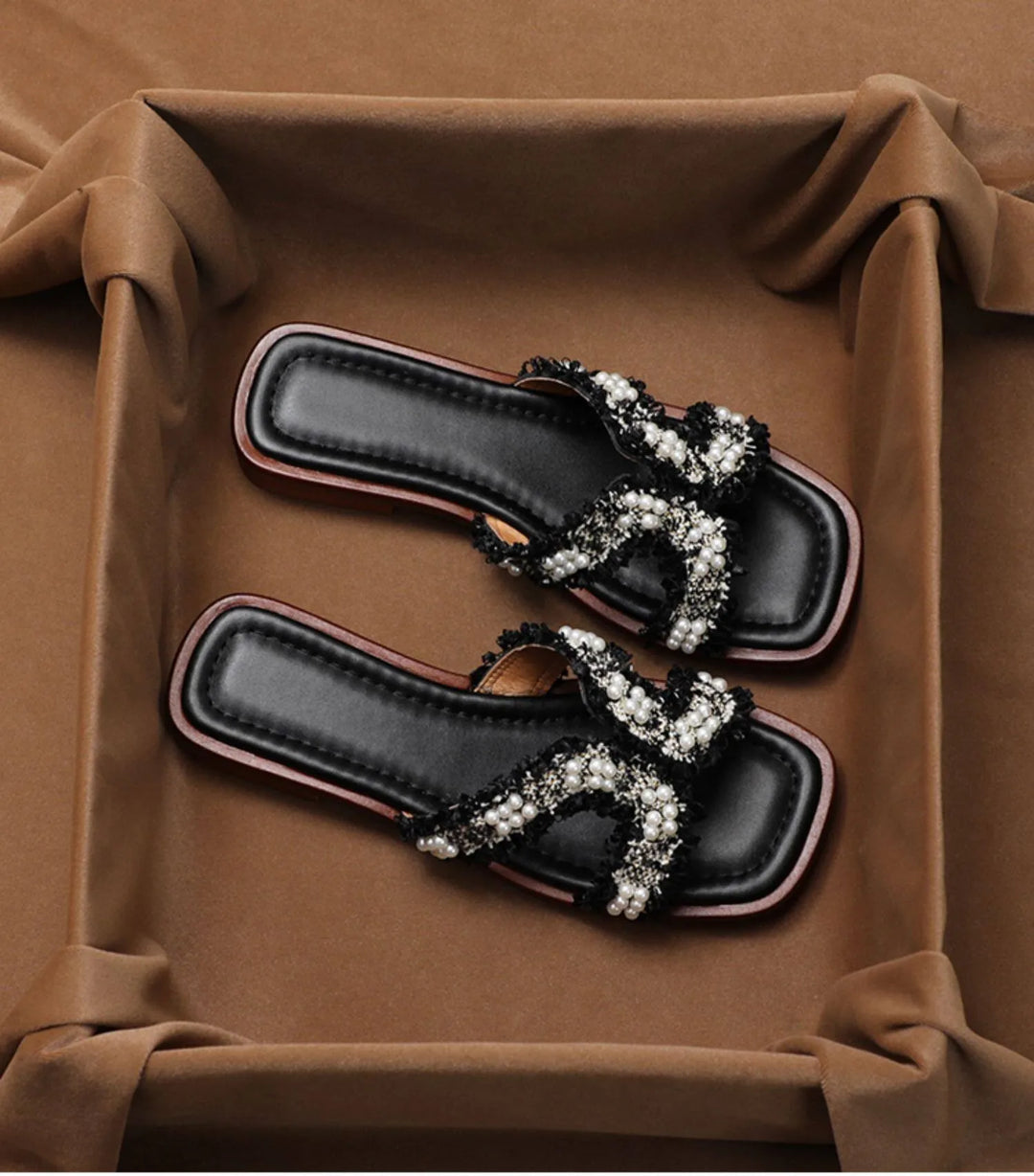 Inez | Pearl Detail Peep Toe Slides