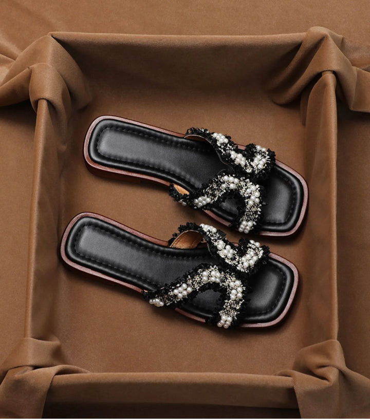Inez | Pearl Detail Peep Toe Slides
