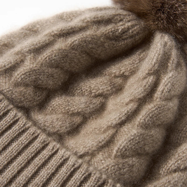 Hand-Knit Cashmere Beanie, Fur Pom