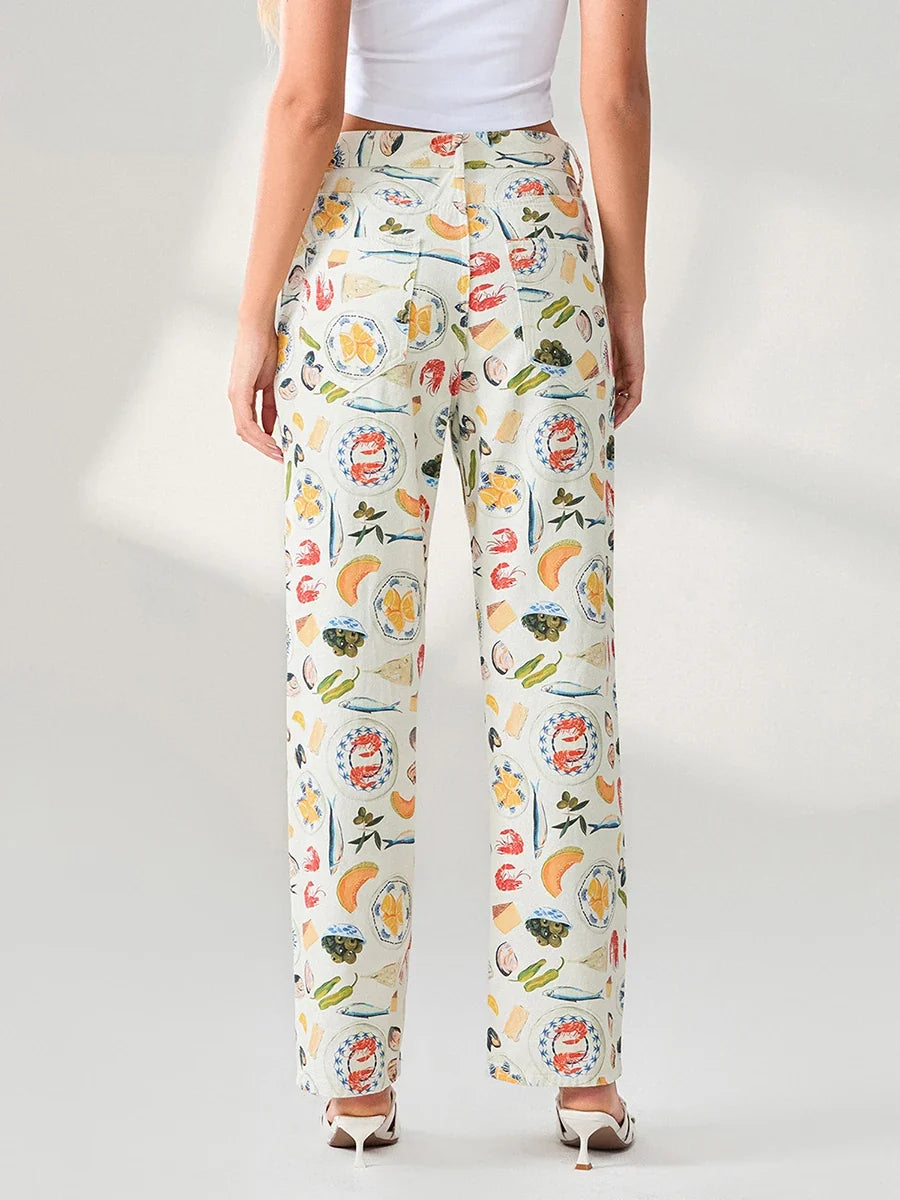 Marcelina | Printed Denim Straight Leg Jeans