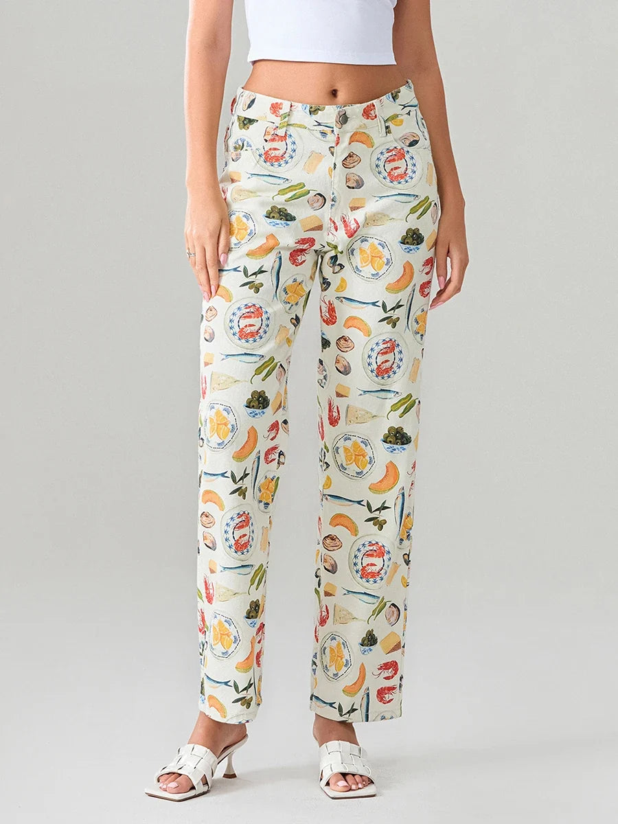 Marcelina | Printed Denim Straight Leg Jeans