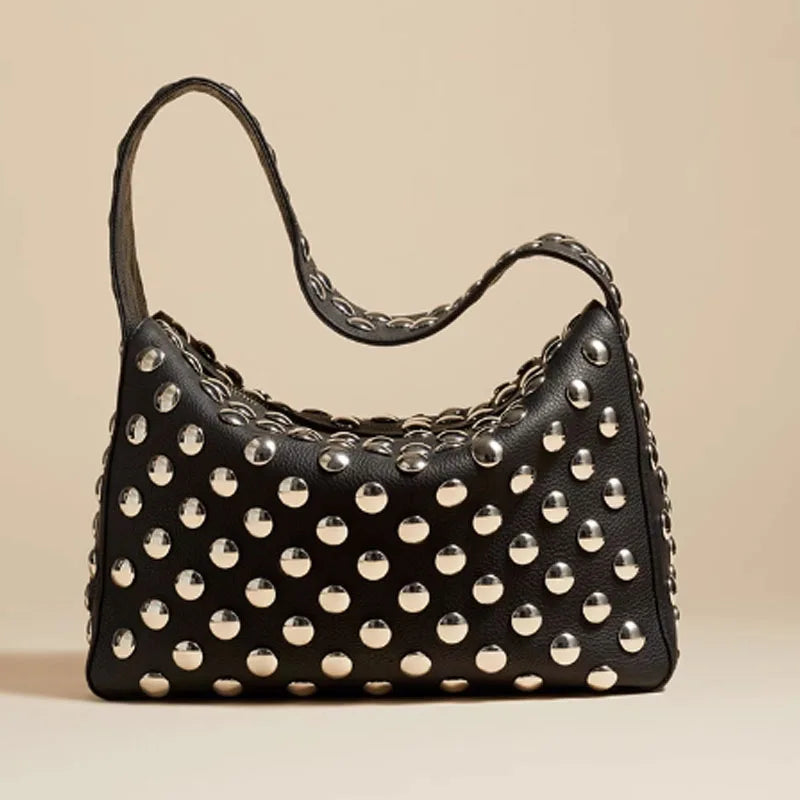 Studded Structured Shoulder Bag, 20 cm
