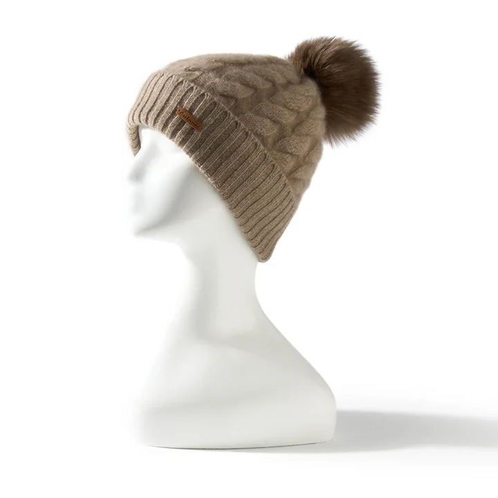 Hand-Knit Cashmere Beanie, Fur Pom