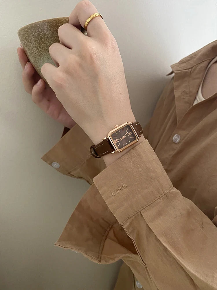 Rectangular Steel Watch, Leather Strap