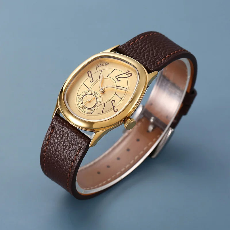 Faceted Steel Watch, Leather Strap