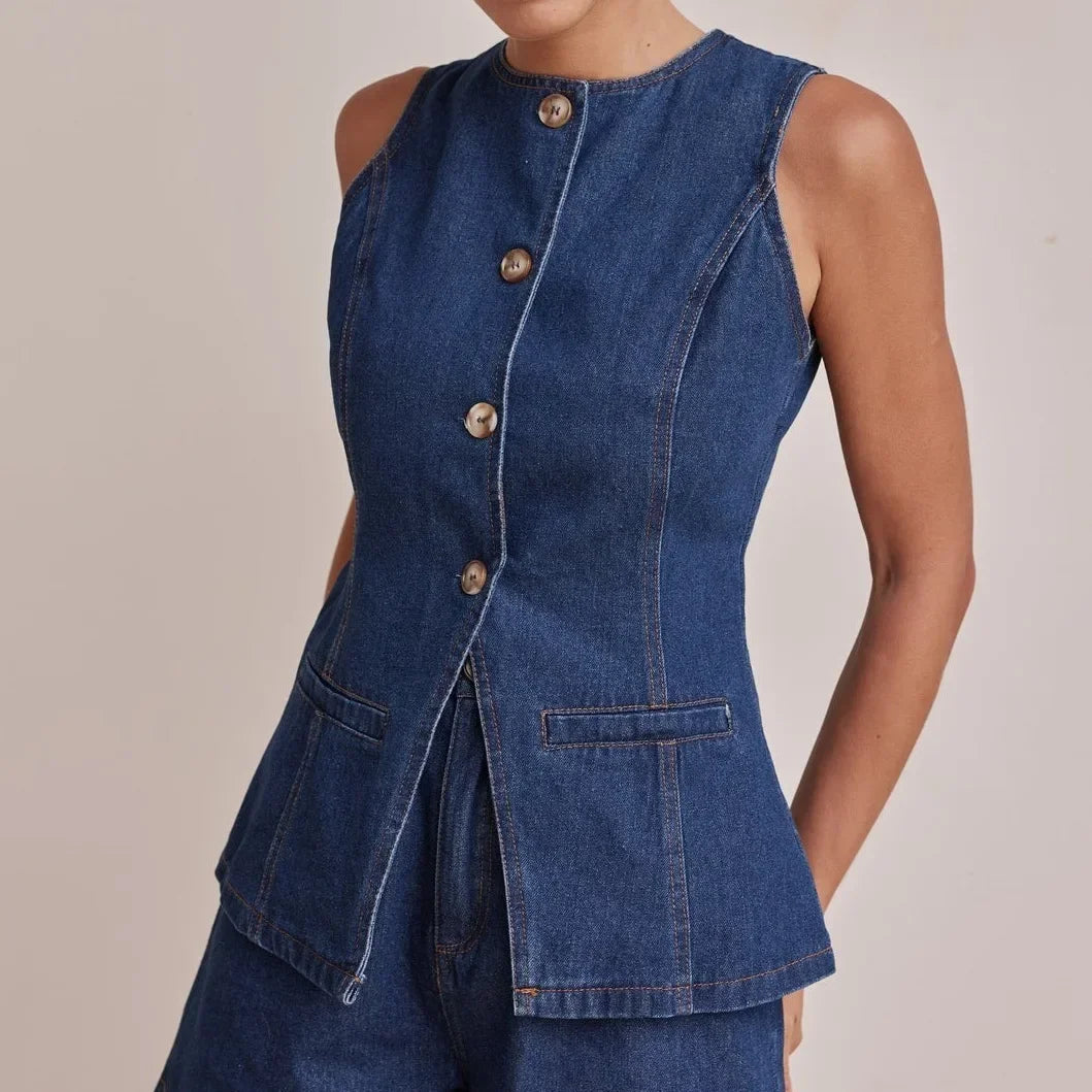 Desiree | 100% Cotton Denim Vest Set